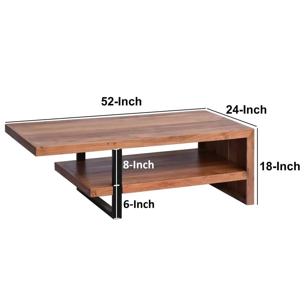 52 Inch Handcrafted Live Edge Coffee Table,  Black Iron Frame, Brown Acacia Wood By The Urban Port