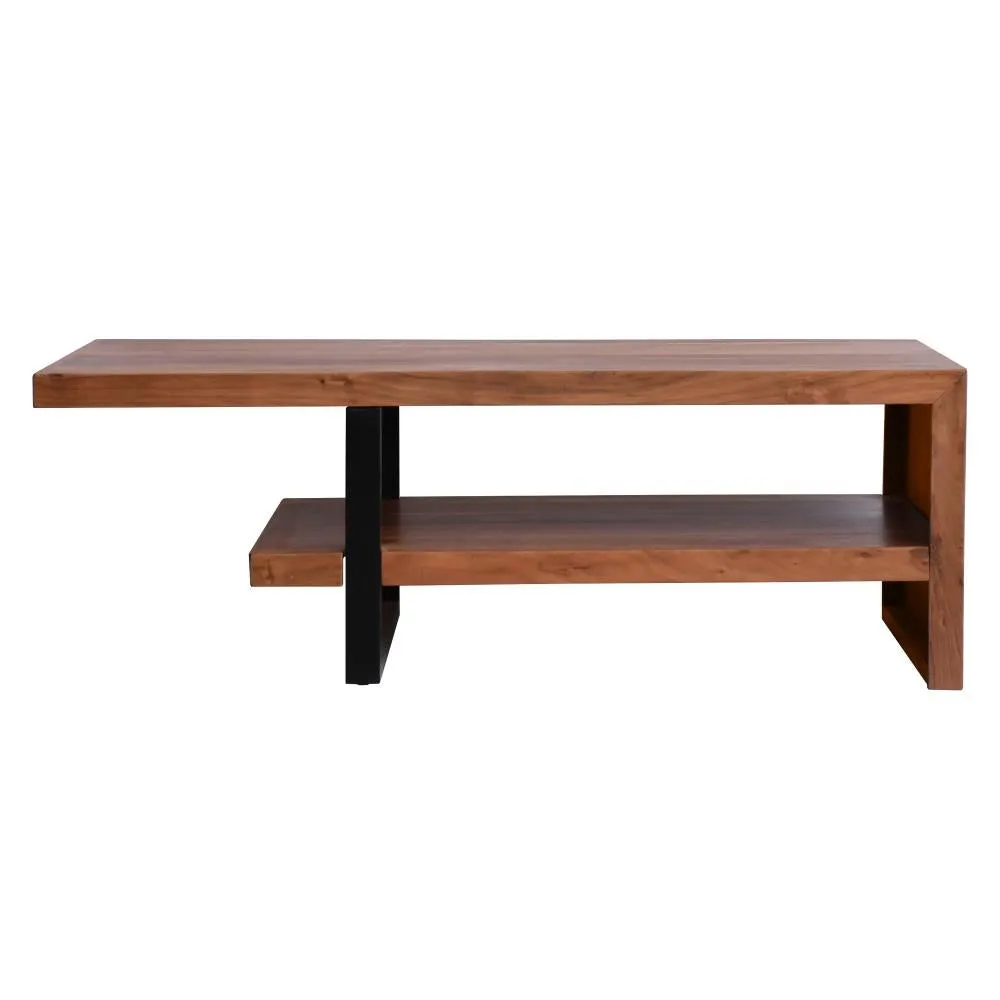 52 Inch Handcrafted Live Edge Coffee Table,  Black Iron Frame, Brown Acacia Wood By The Urban Port