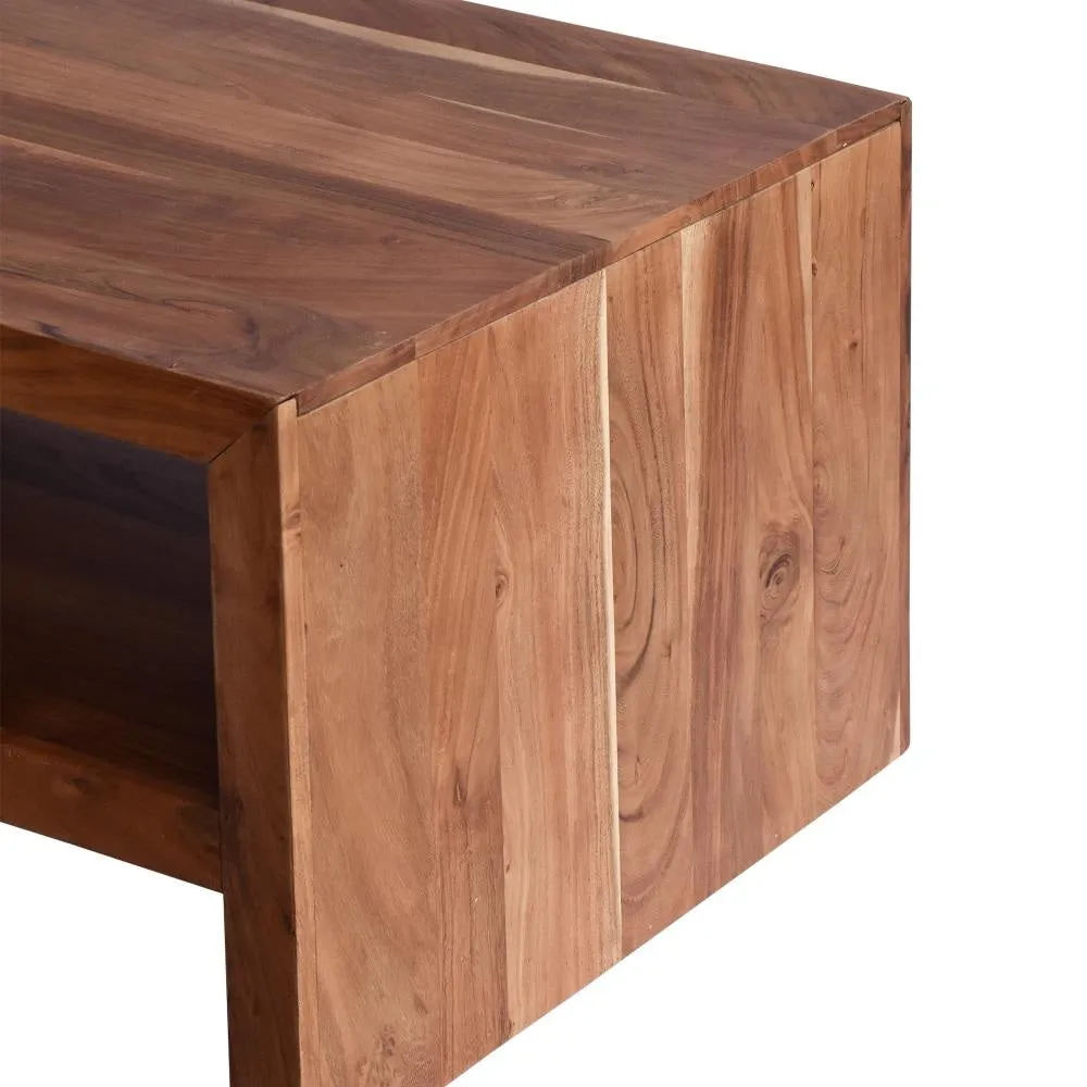 52 Inch Handcrafted Live Edge Coffee Table,  Black Iron Frame, Brown Acacia Wood By The Urban Port