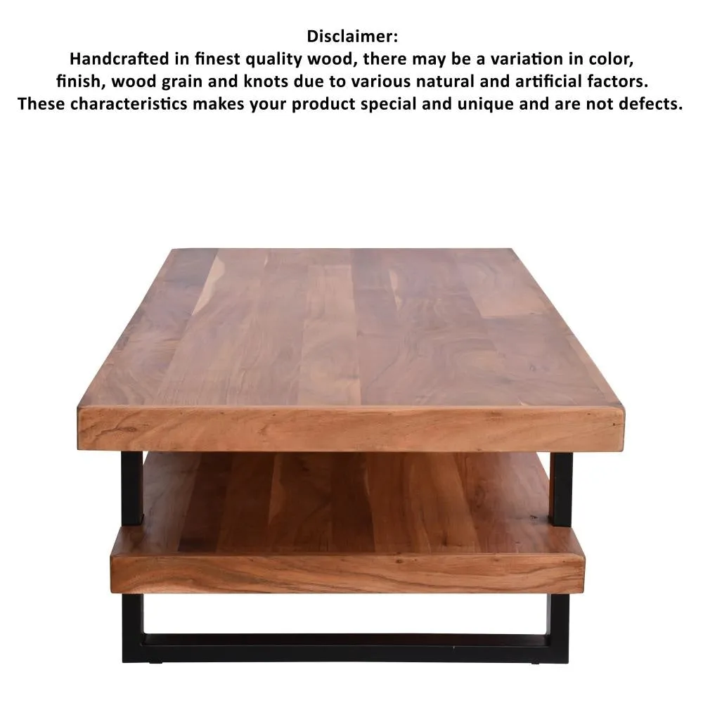 52 Inch Handcrafted Live Edge Coffee Table,  Black Iron Frame, Brown Acacia Wood By The Urban Port