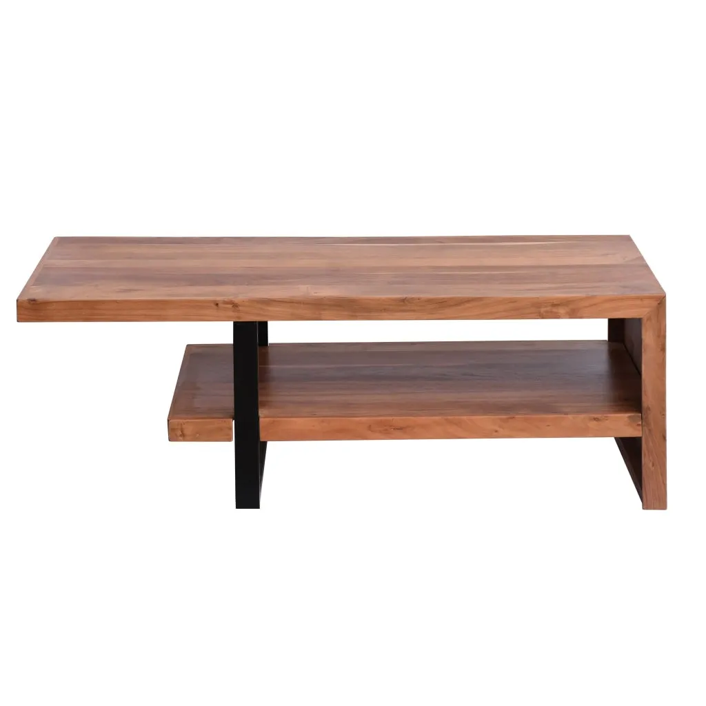 52 Inch Handcrafted Live Edge Coffee Table,  Black Iron Frame, Brown Acacia Wood By The Urban Port
