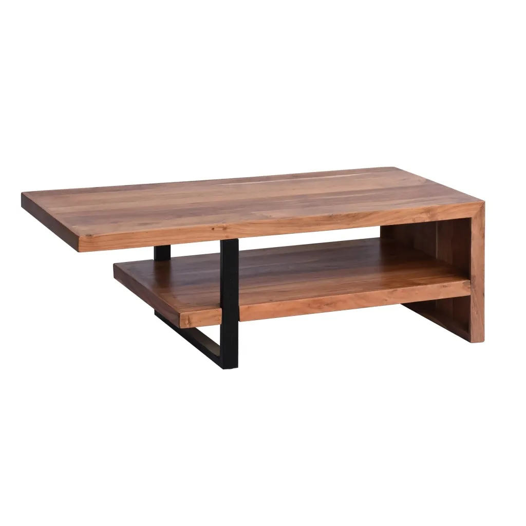 52 Inch Handcrafted Live Edge Coffee Table,  Black Iron Frame, Brown Acacia Wood By The Urban Port