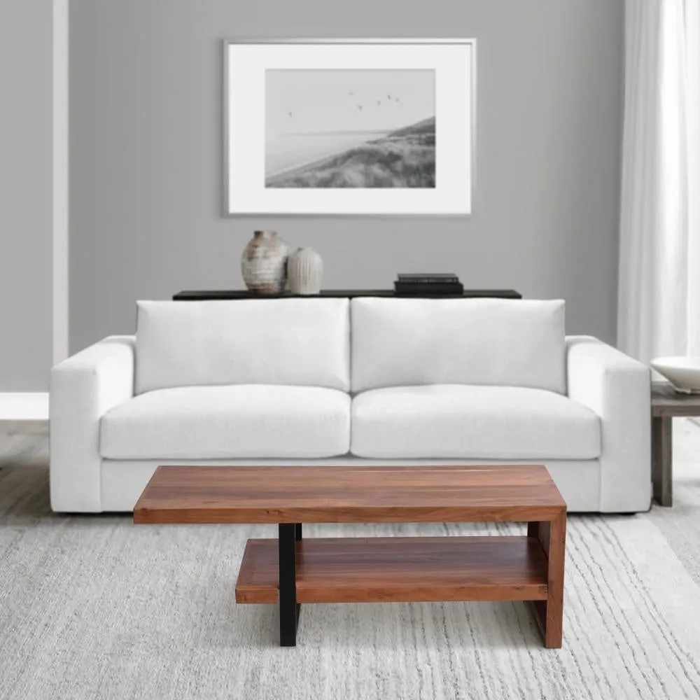 52 Inch Handcrafted Live Edge Coffee Table,  Black Iron Frame, Brown Acacia Wood By The Urban Port