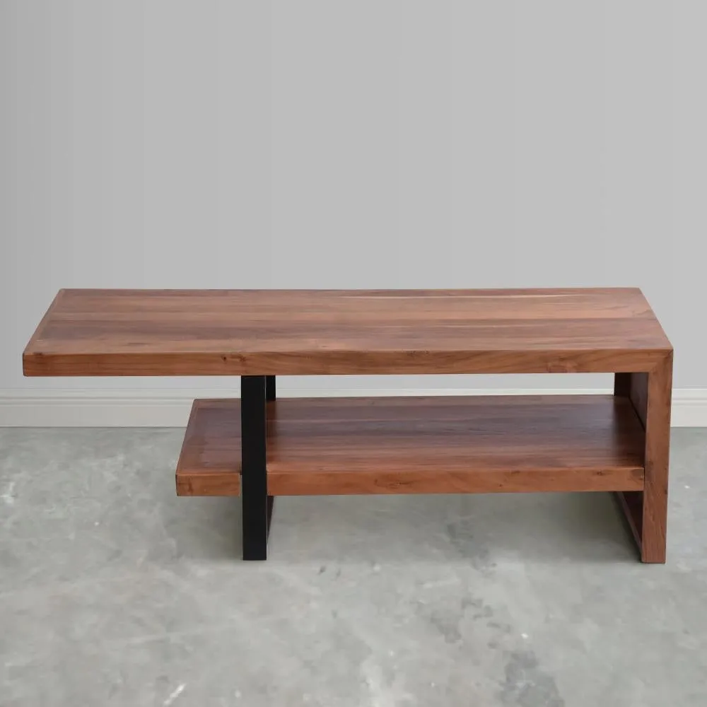 52 Inch Handcrafted Live Edge Coffee Table,  Black Iron Frame, Brown Acacia Wood By The Urban Port