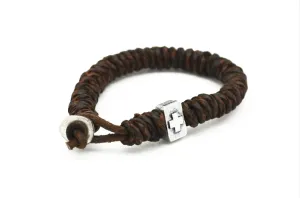 Aadi  Brown Leather & Silver Cross Bead Men's Bracelet