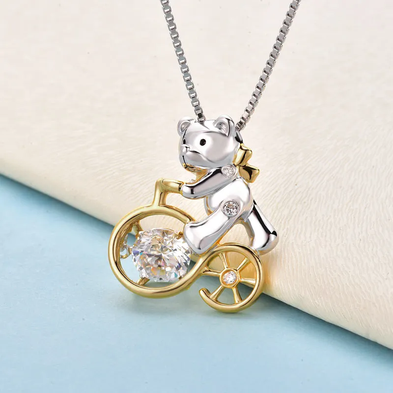 Bear Ride Bicycle Dancing Stone Pendant Necklace 925 Sterling Silver XFN8103