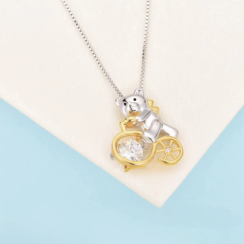 Bear Ride Bicycle Dancing Stone Pendant Necklace 925 Sterling Silver XFN8103