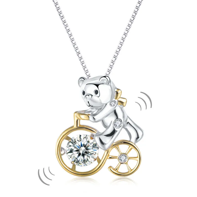 Bear Ride Bicycle Dancing Stone Pendant Necklace 925 Sterling Silver XFN8103