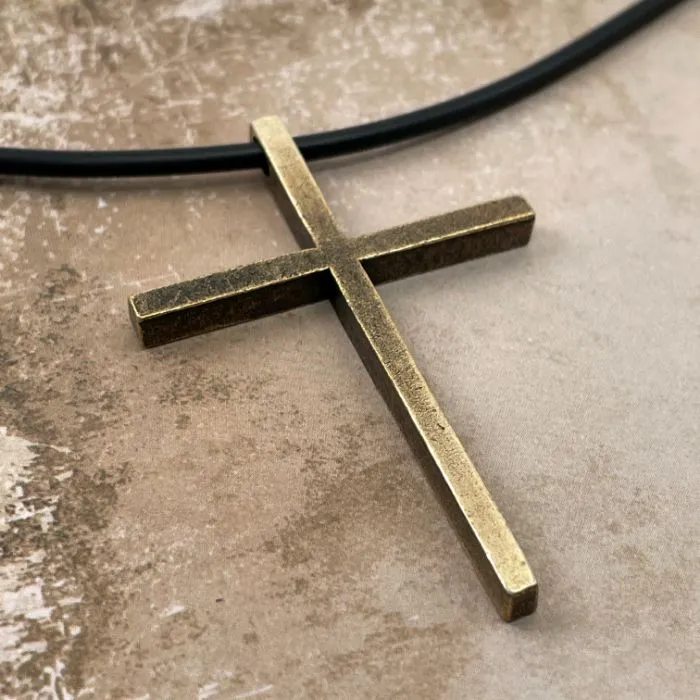 Cross Large Antique Brass Finish Pendant Black Cord Necklace
