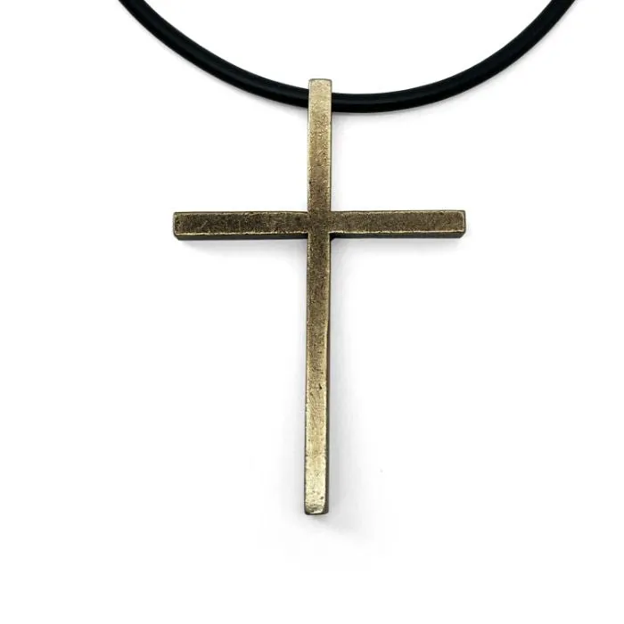 Cross Large Antique Brass Finish Pendant Black Cord Necklace