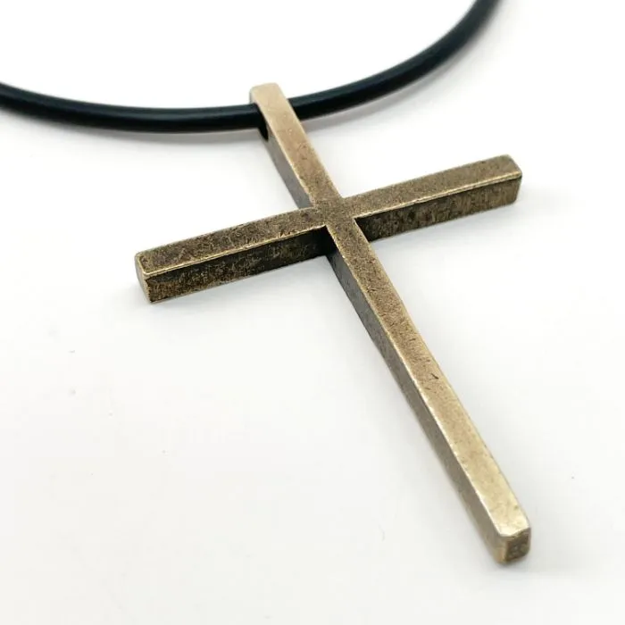 Cross Large Antique Brass Finish Pendant Black Cord Necklace