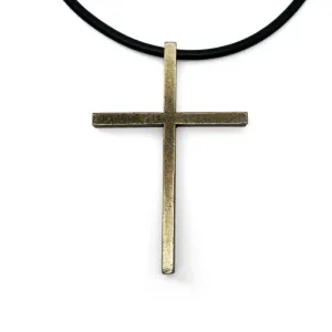 Cross Large Antique Brass Finish Pendant Black Cord Necklace