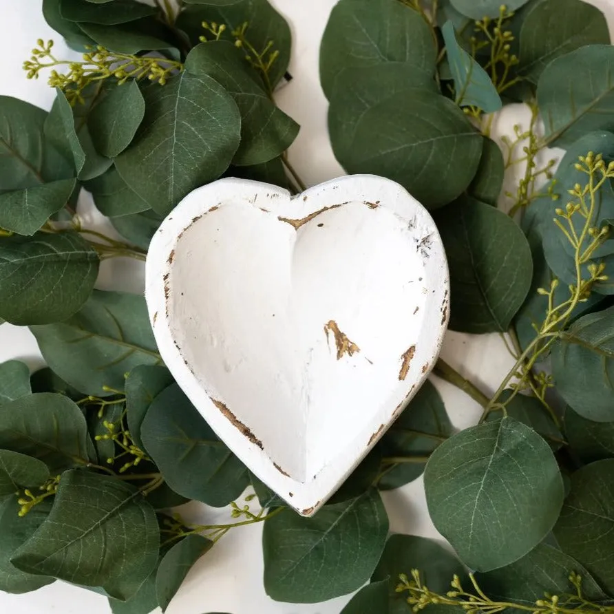 Distressed Painted Heart Dough Bowl - White