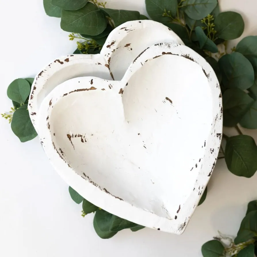 Distressed Painted Heart Dough Bowl - White