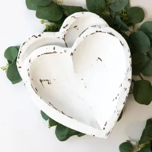 Distressed Painted Heart Dough Bowl - White