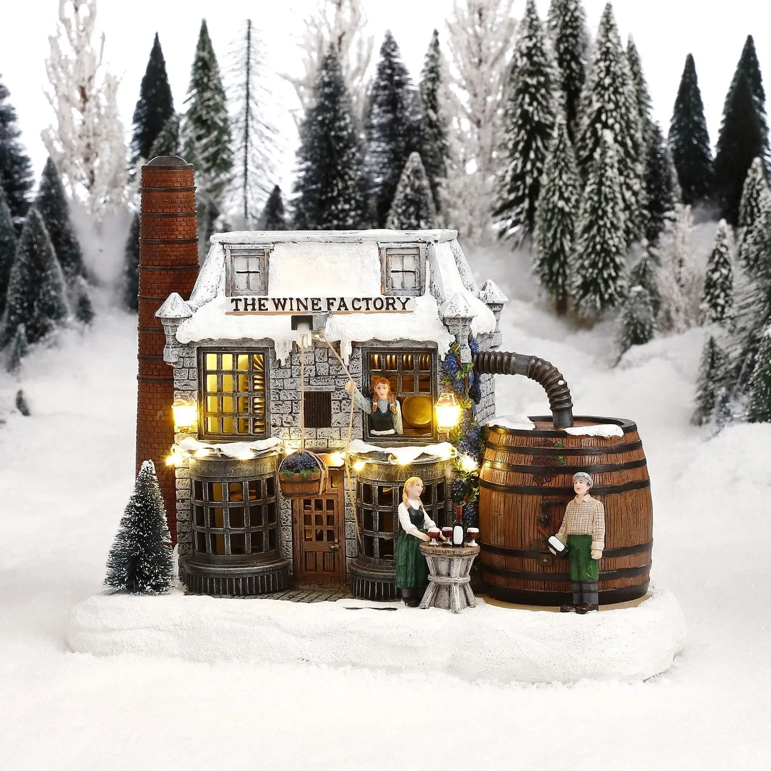Edelman 30cm Snow Covered Wine Brewing Factory Scene with Snow Dusted Trees and Barrel