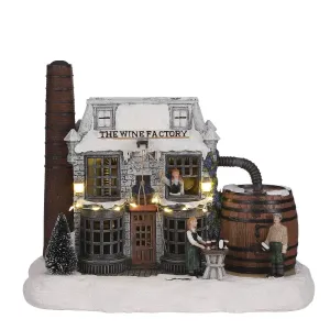 Edelman 30cm Snow Covered Wine Brewing Factory Scene with Snow Dusted Trees and Barrel