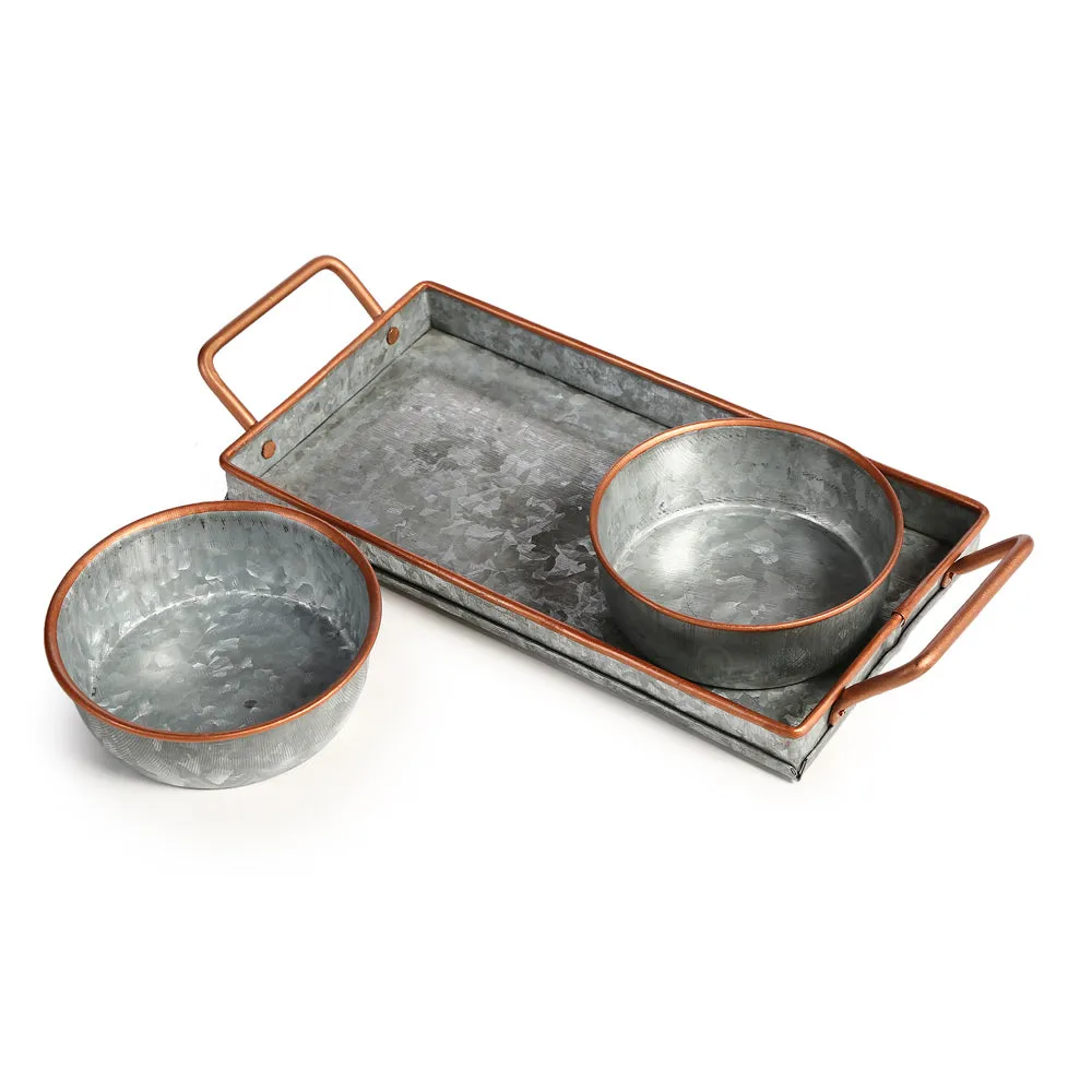 Galvanized Metal Serving Tray with 2 Dishes