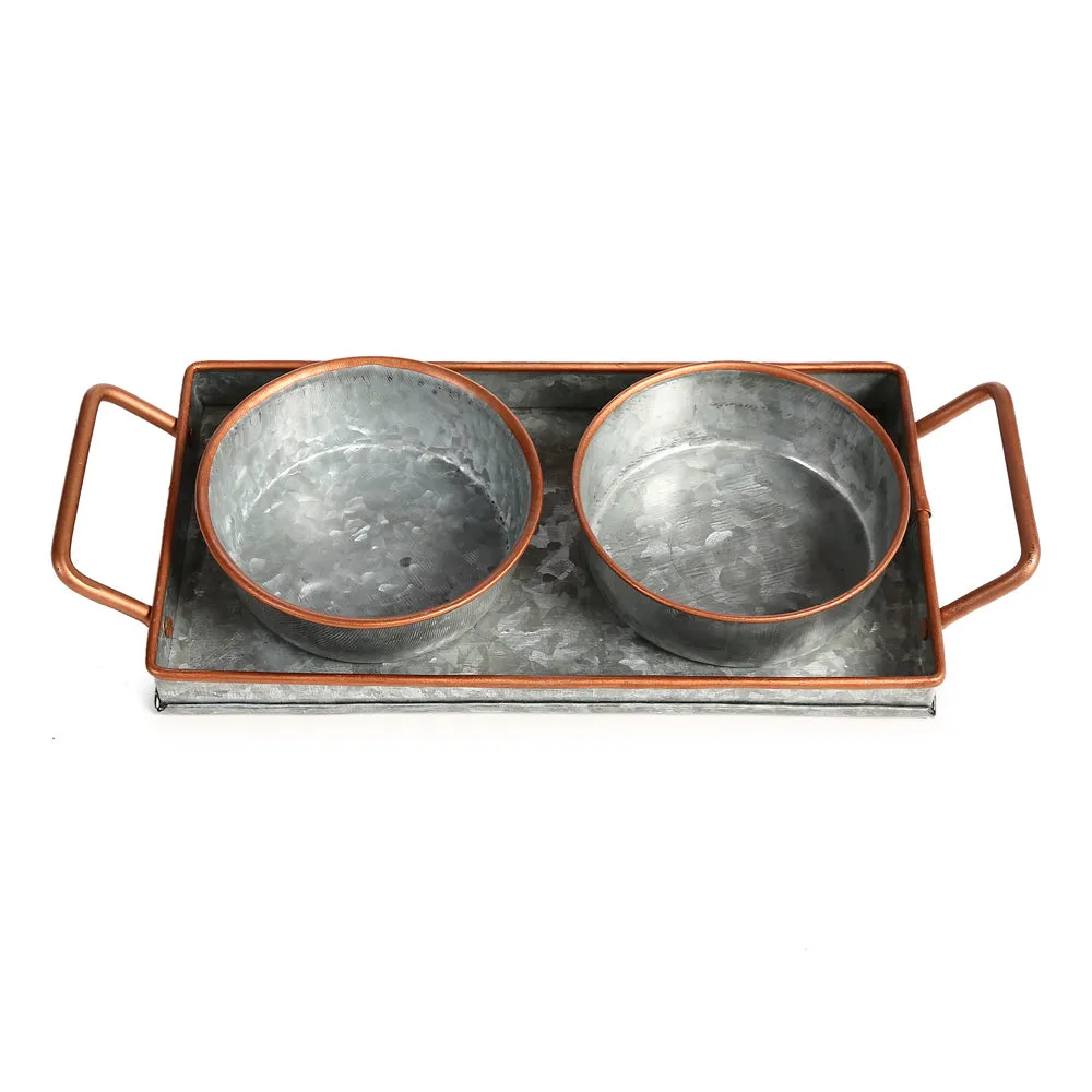 Galvanized Metal Serving Tray with 2 Dishes
