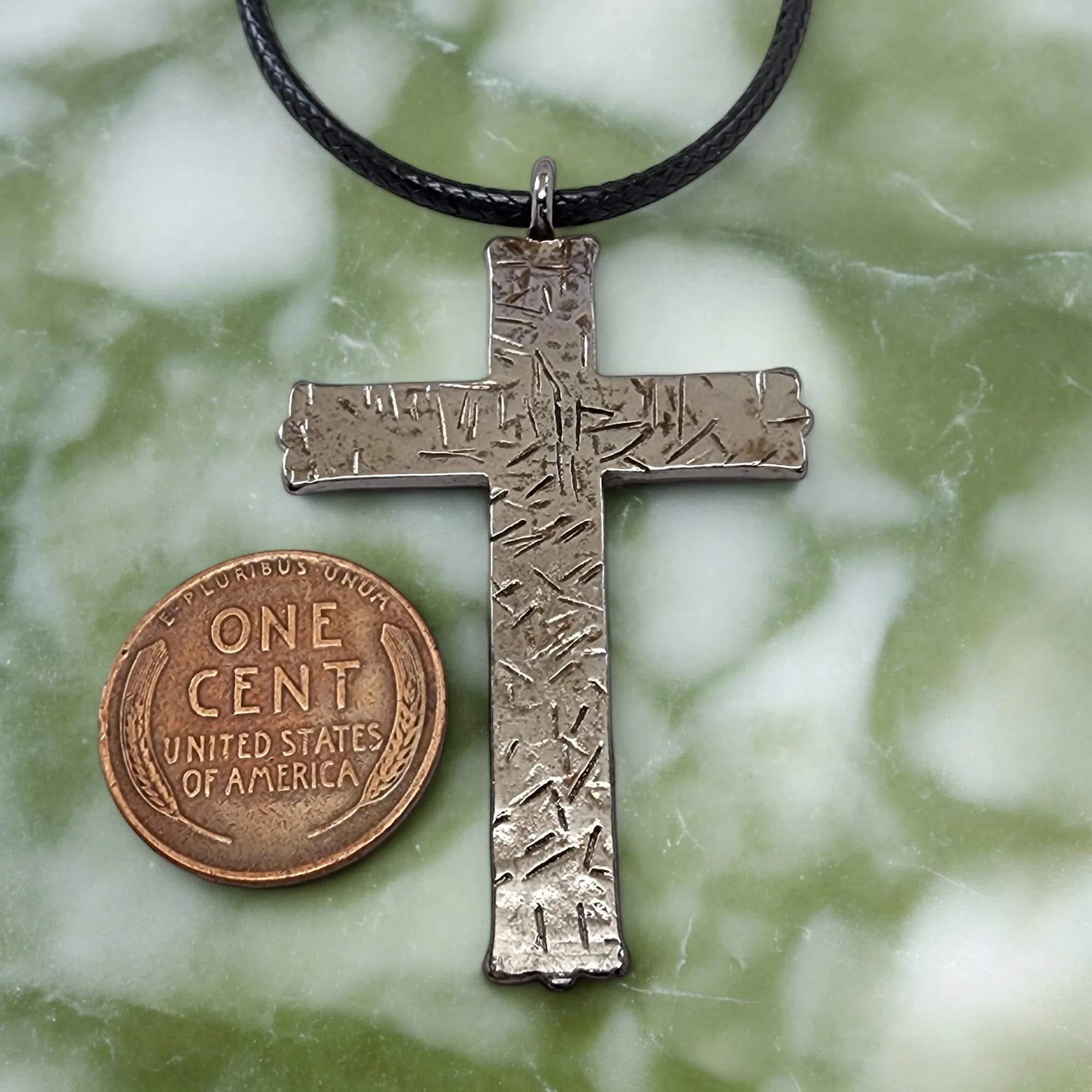 Hammered Cross Dark Metal Finish Black Cord Necklace