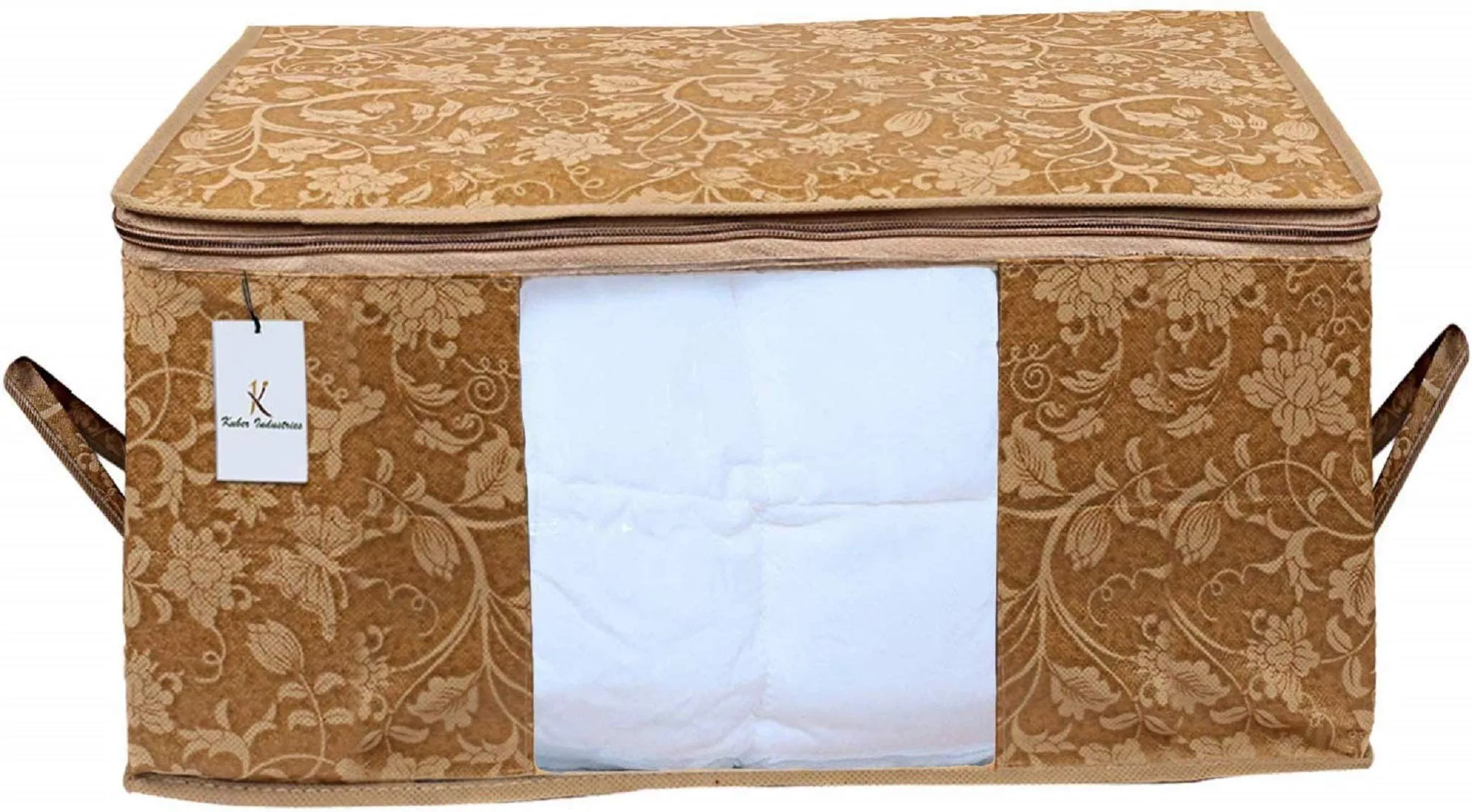 Heart Home Metalic Printed 10 Piece Non Woven Fabric Underbed Storage Bag,Cloth Organiser,Blanket Cover with Transparent Window, Gold & Beige - CTHH23103