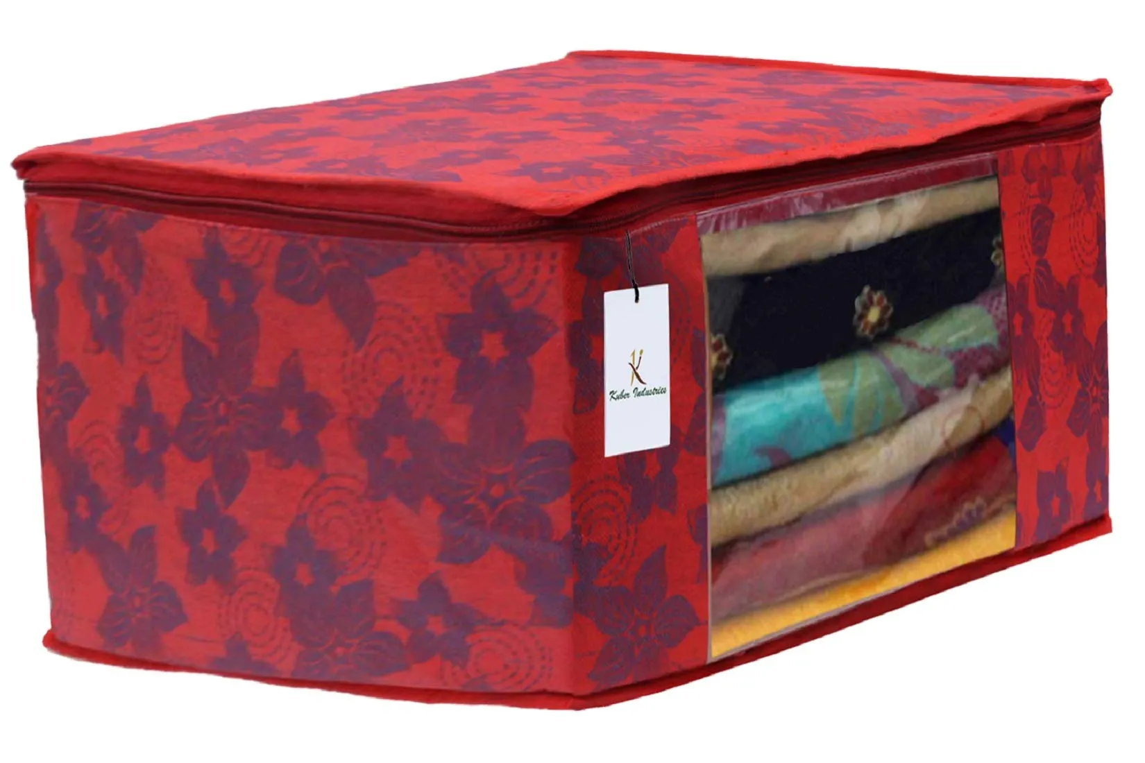 Heart Home Metalic Printed 8 Piece Non Woven Fabric Saree Cover Set with Transparent Window, Extra Large, Brown & Red - CTHH22770