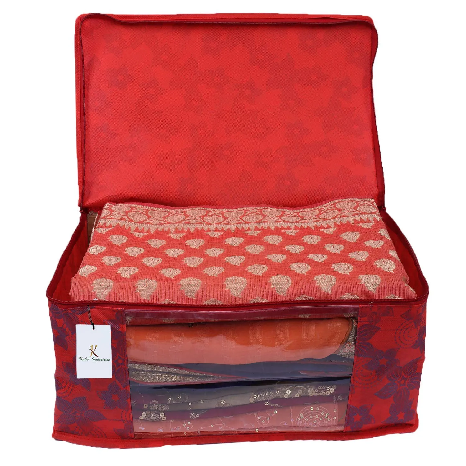 Heart Home Metalic Printed 8 Piece Non Woven Fabric Saree Cover Set with Transparent Window, Extra Large, Brown & Red - CTHH22770