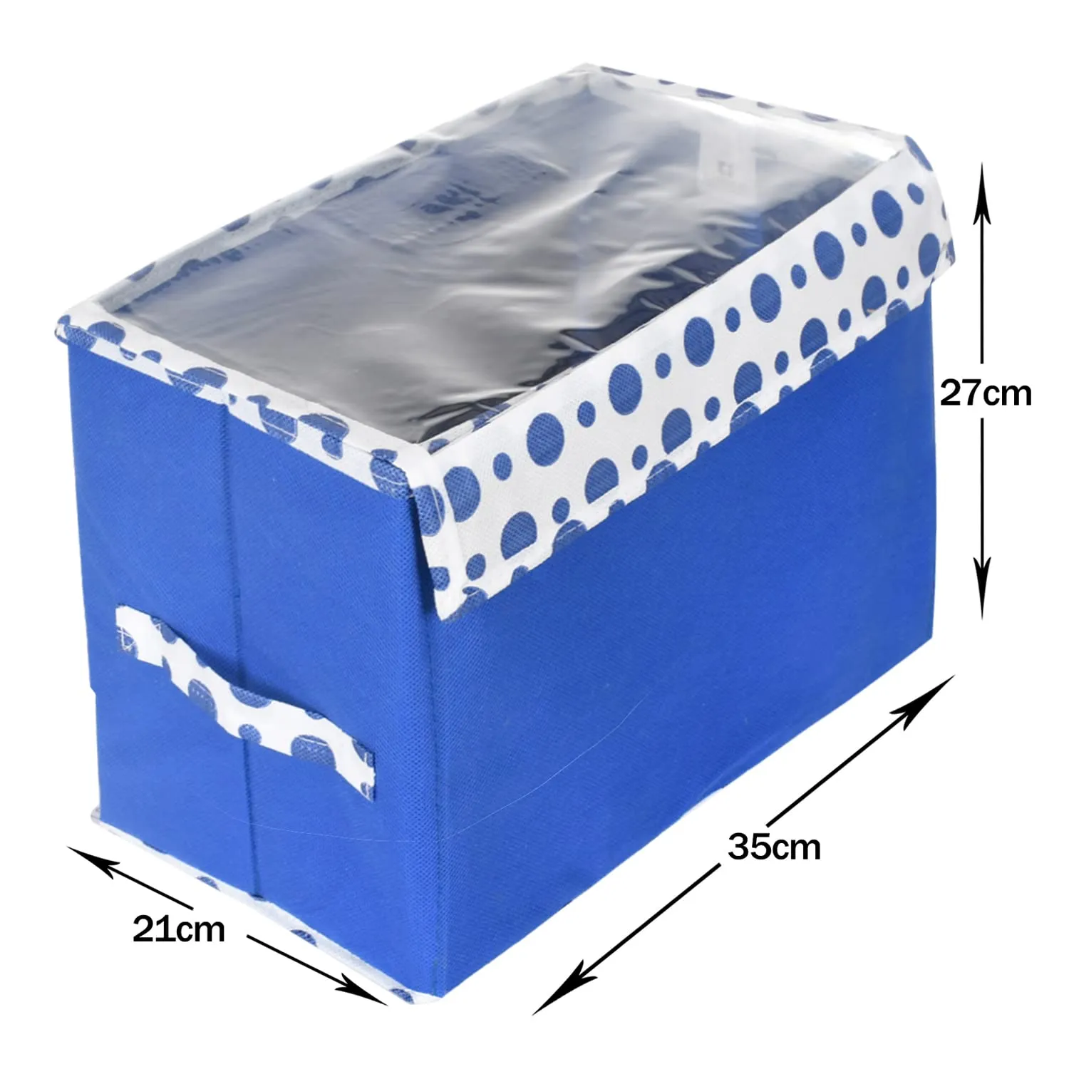Heart Home Storage Box|Non-Woven Dot Print Foldable Storage Box|Medium Wardrobe Organizer for Toys|Cloths with Transparent Lid & Handle (Blue)