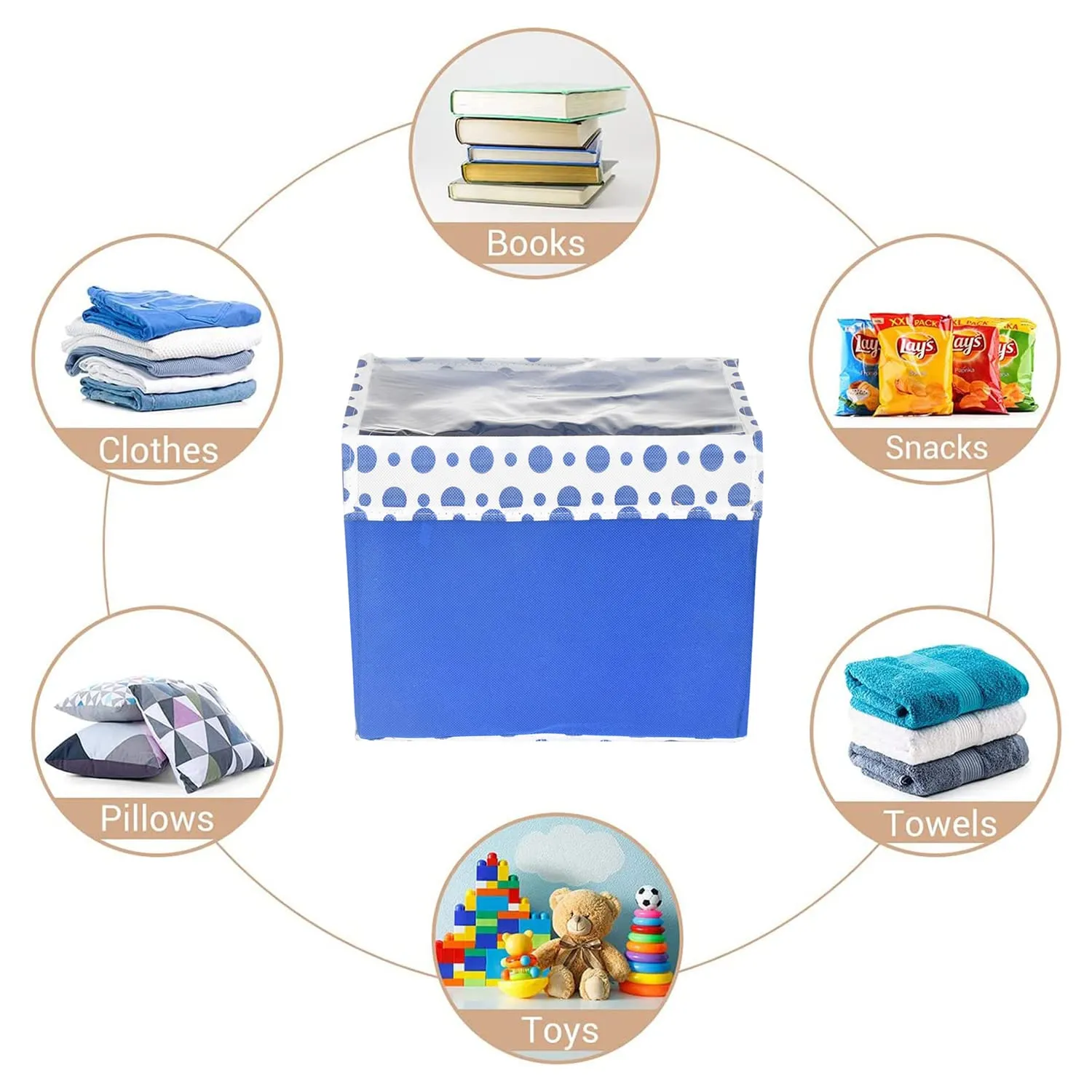 Heart Home Storage Box|Non-Woven Dot Print Foldable Storage Box|Medium Wardrobe Organizer for Toys|Cloths with Transparent Lid & Handle (Blue)