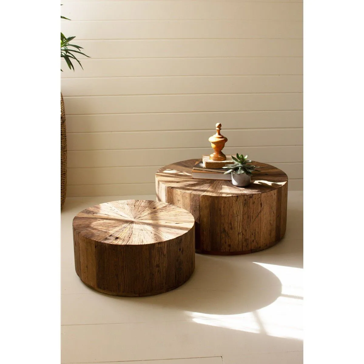 Kalalou - Set Of Two Recycled Wood Round Coffee Tables