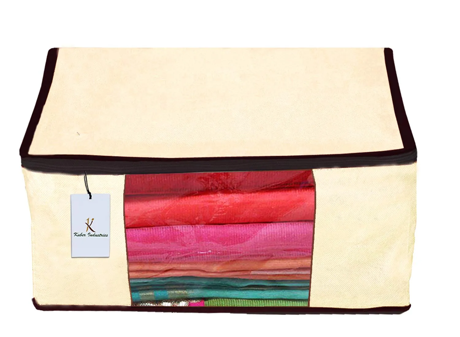 Kuber Industries 12 Piece Non Woven Fabric Saree Cover Set with Transparent Window, Extra Large, Ivory-CTKTC23690