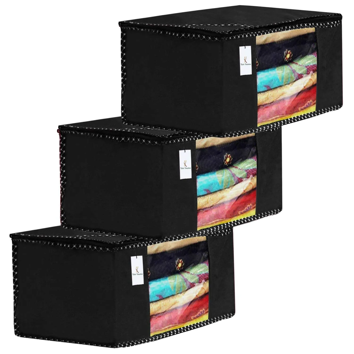 Kuber Industries 12 Pieces Non Woven Fabric Saree Cover/Clothes Organiser for Wardrobe Set with Transparent Window, Extra Large (Black)-KUBMART2785