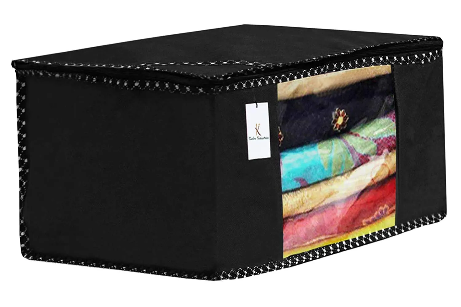 Kuber Industries 12 Pieces Non Woven Fabric Saree Cover/Clothes Organiser for Wardrobe Set with Transparent Window, Extra Large (Black)-KUBMART2785