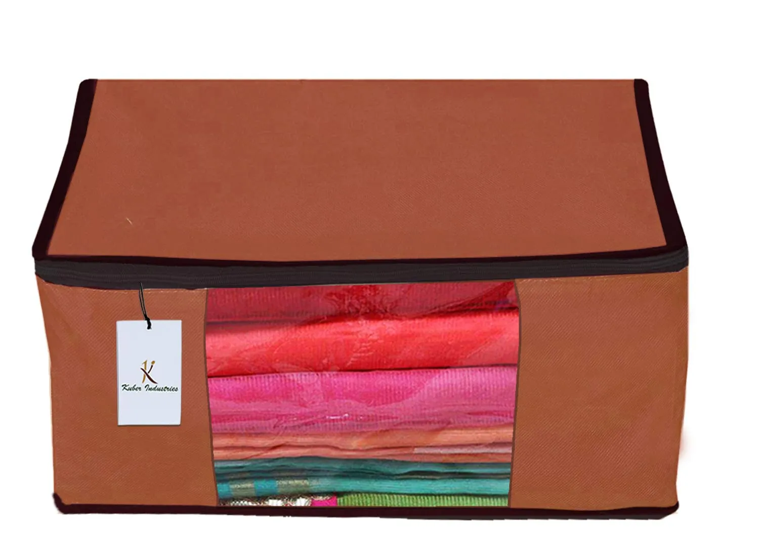 Kuber Industries 3 Piece Non Woven Fabric Saree Cover Set with Transparent Window, Extra Large, Dark Brown-CTKTC23767