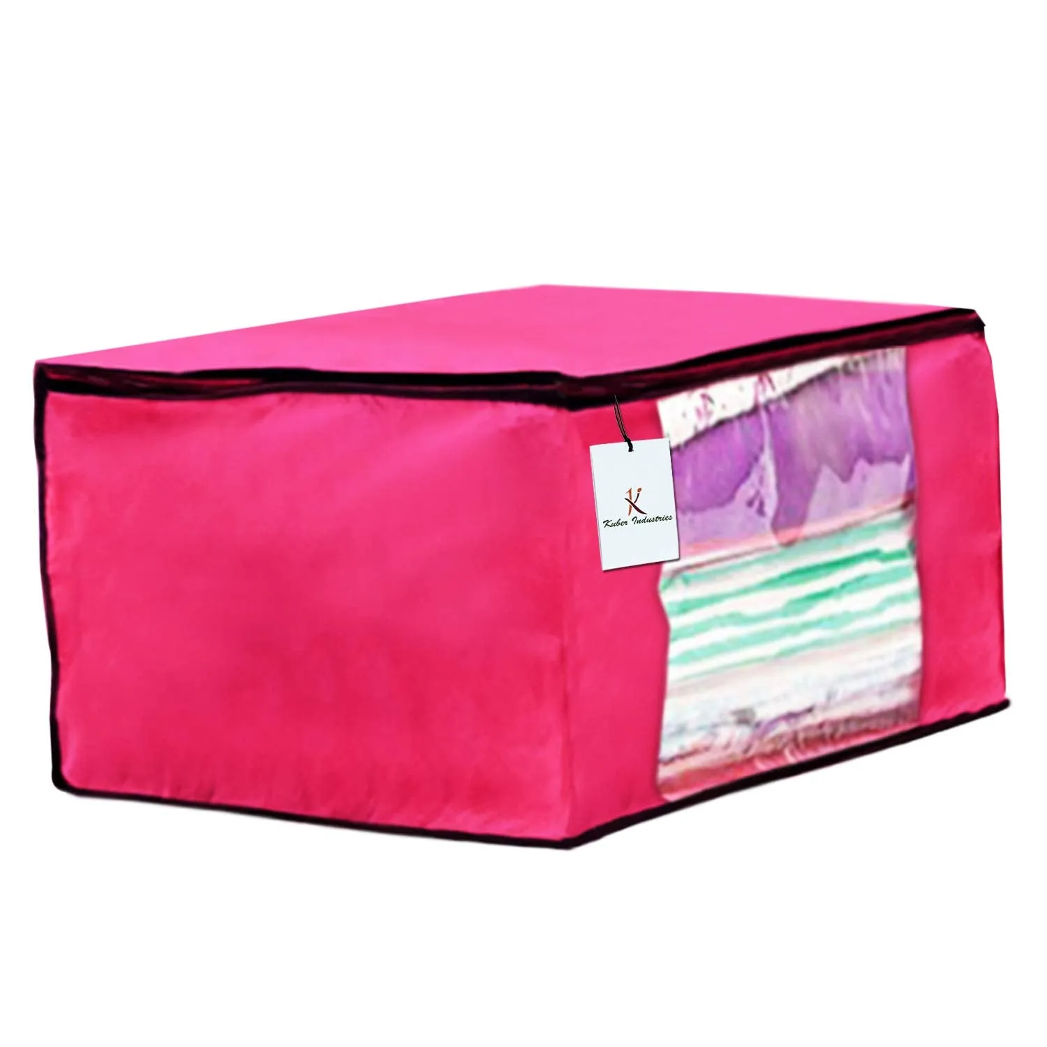 Kuber Industries 3 Piece Non Woven Fabric Saree Cover Set with Transparent Window, Extra Large, Pink-CTKTC23715