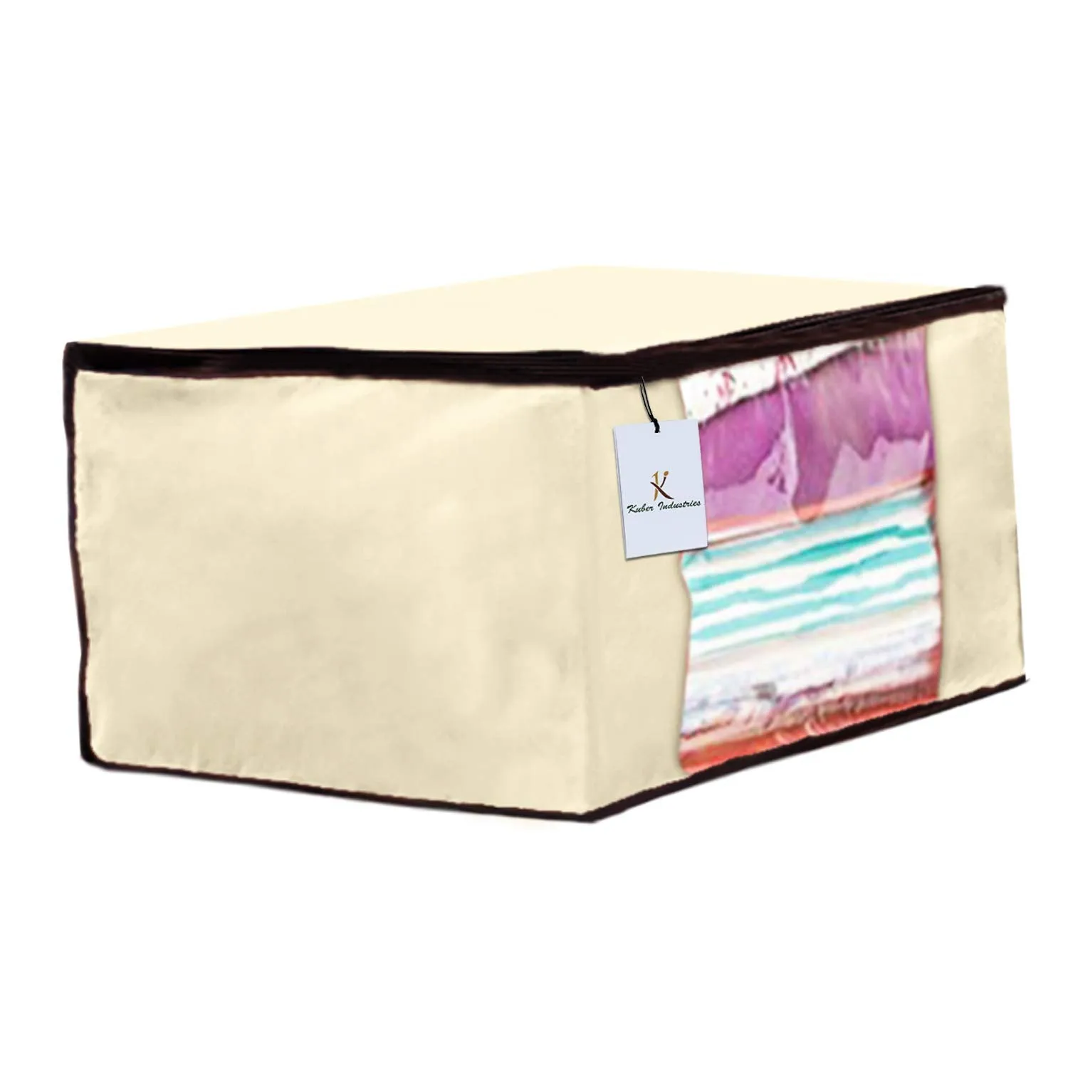 Kuber Industries 5 Piece Non Woven Fabric Saree Cover Set with Transparent Window, Extra Large, Ivory-CTKTC23731