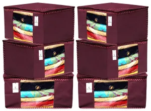Kuber Industries 6 Pieces Non Woven Fabric Saree Cover/Clothes Organiser for Wardrobe Set with Transparent Window, Extra Large (Maroon)-KUBMART2759