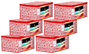 Kuber Industries Leaf Design 6 Piece Non Woven Fabric Saree Cover Set with Transparent Window, Extra Large, Red-CTKTC031917