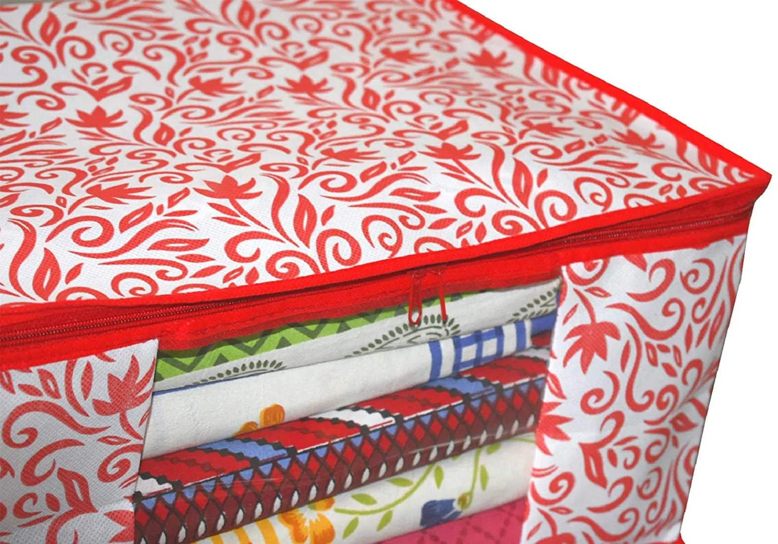 Kuber Industries Leaf Design 6 Piece Non Woven Fabric Saree Cover Set with Transparent Window, Extra Large, Red-CTKTC031917