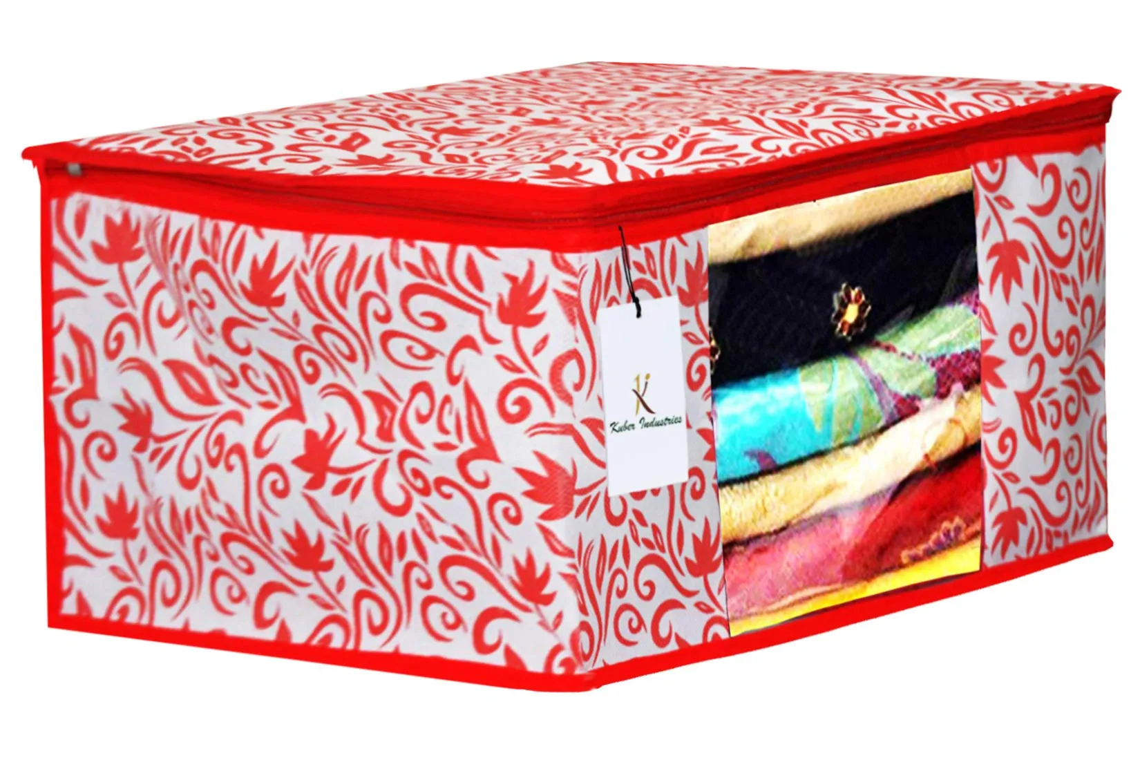 Kuber Industries Leaf Design 6 Piece Non Woven Fabric Saree Cover Set with Transparent Window, Extra Large, Red-CTKTC031917