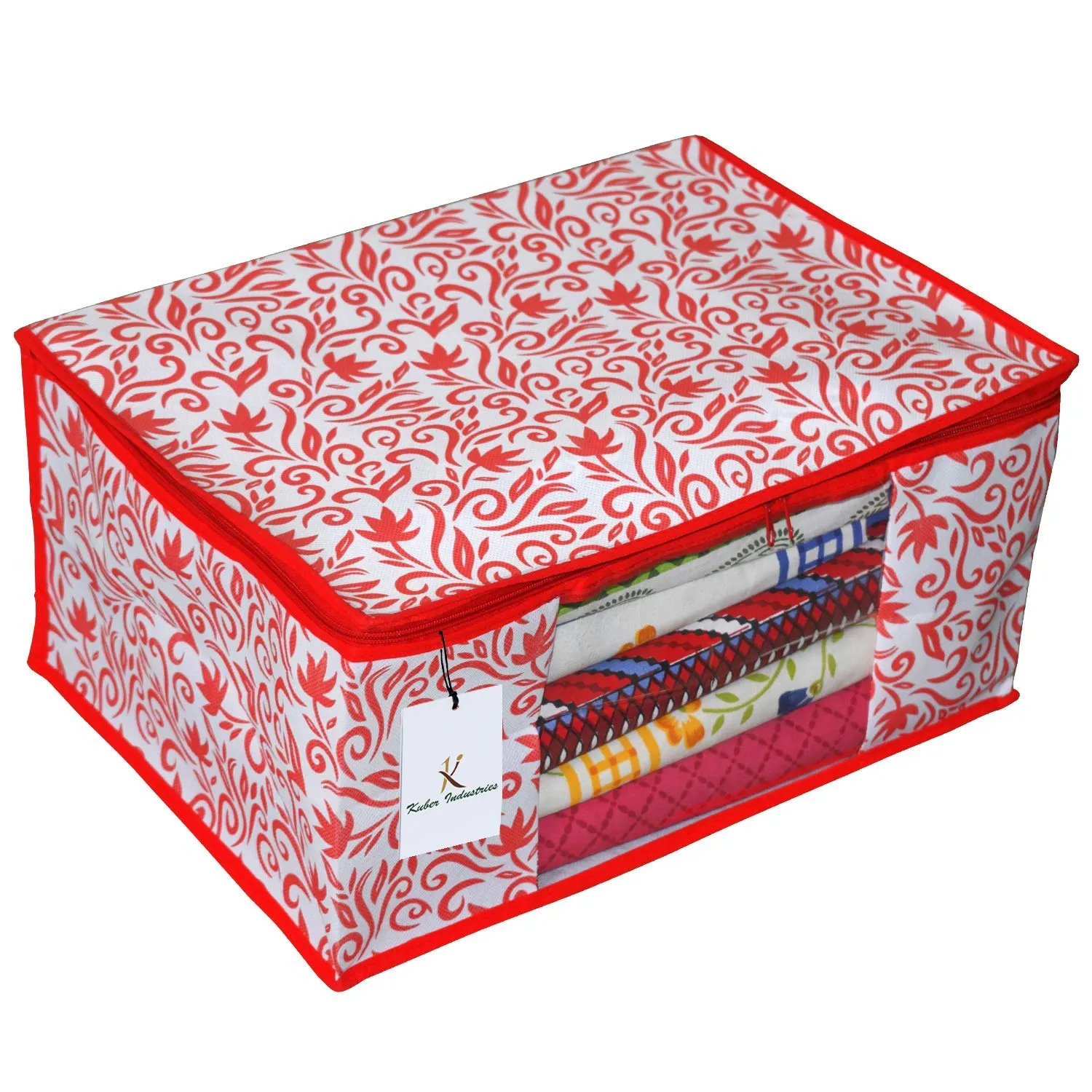 Kuber Industries Leaf Design 6 Piece Non Woven Fabric Saree Cover Set with Transparent Window, Extra Large, Red-CTKTC031917