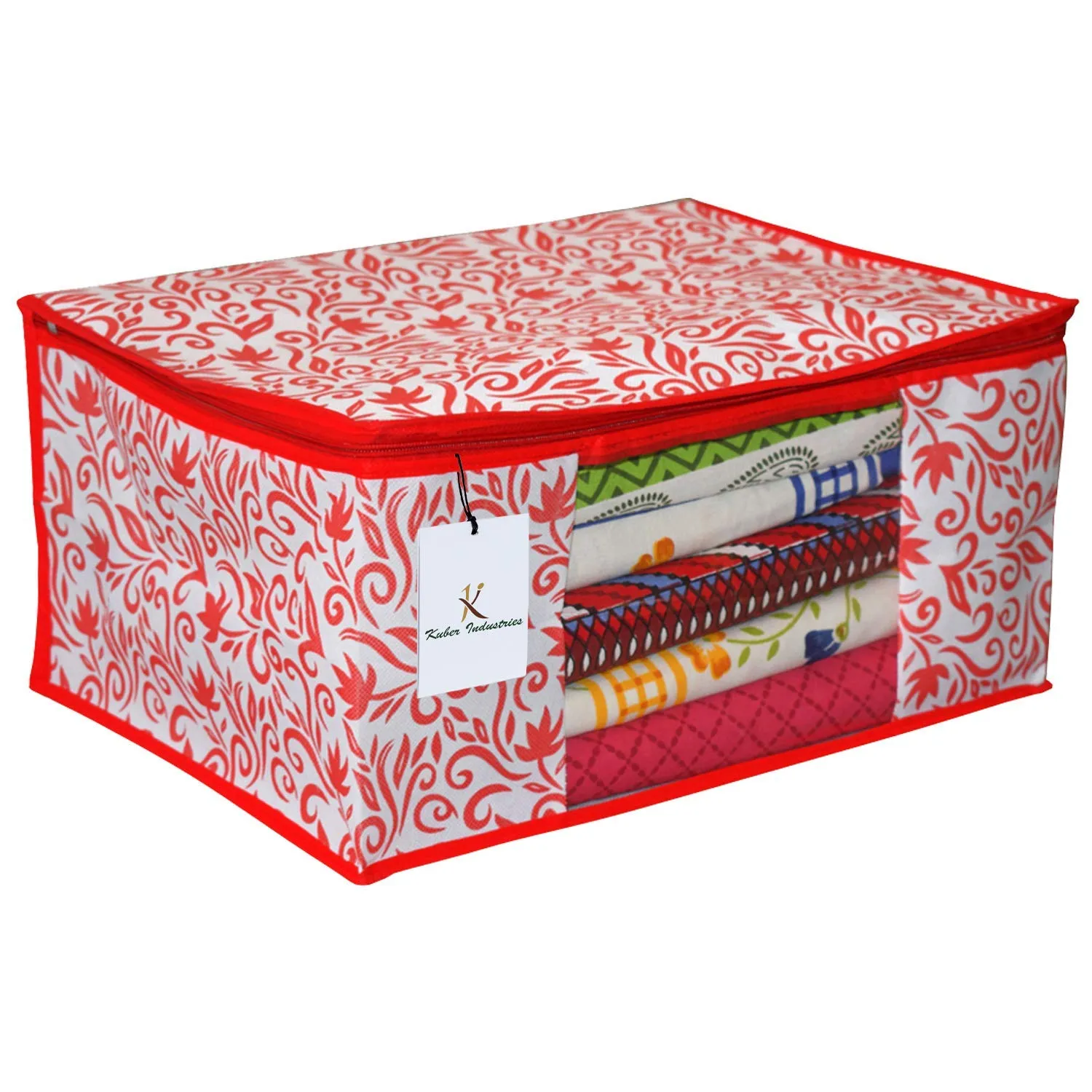 Kuber Industries Leaf Design 6 Piece Non Woven Fabric Saree Cover Set with Transparent Window, Extra Large, Red-CTKTC031917