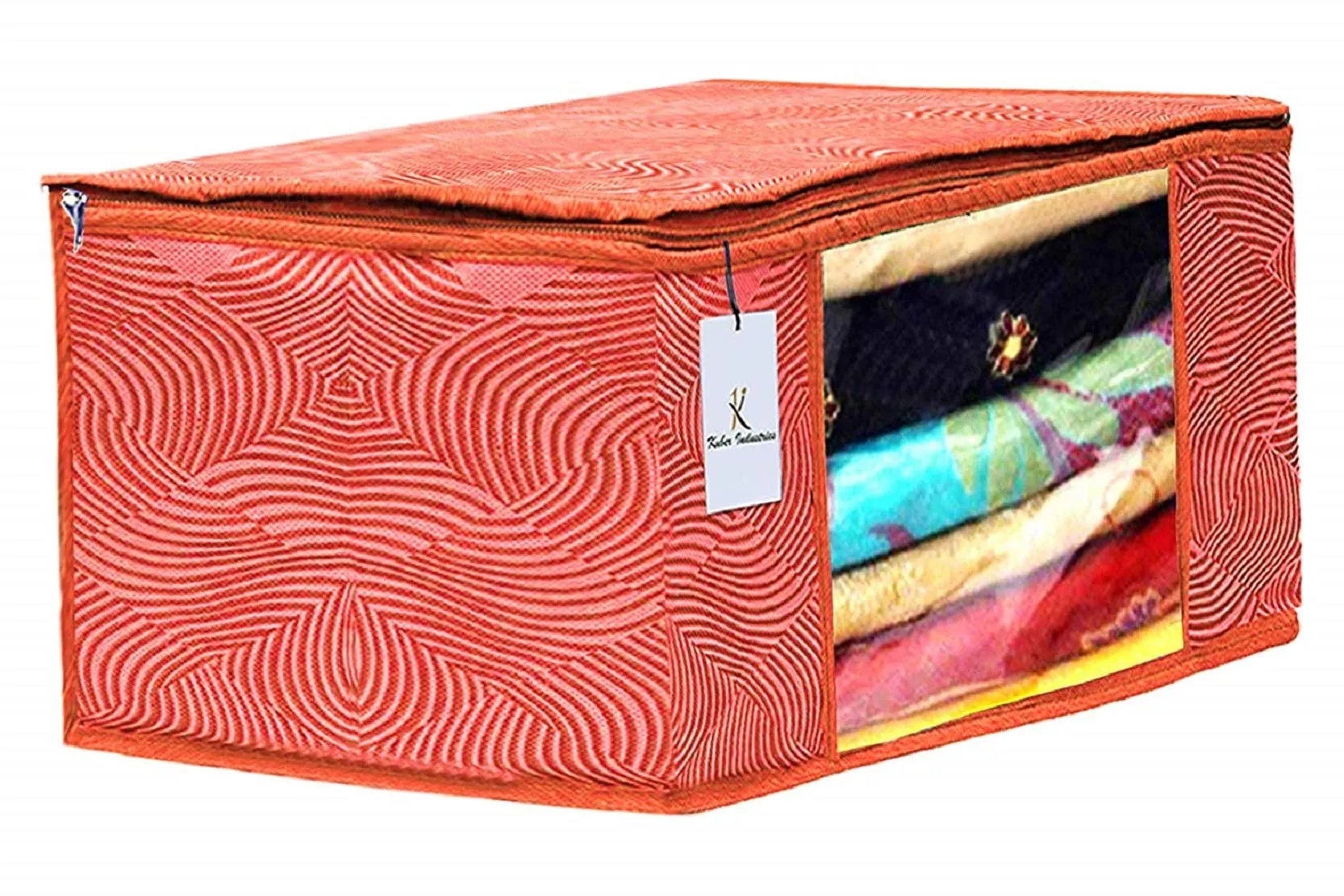 Kuber Industries Leheriya Printed 4 Piece Non Woven Fabric Saree Cover Set with Transparent Window, Extra Large, Orange & Blue -CTKTC40809