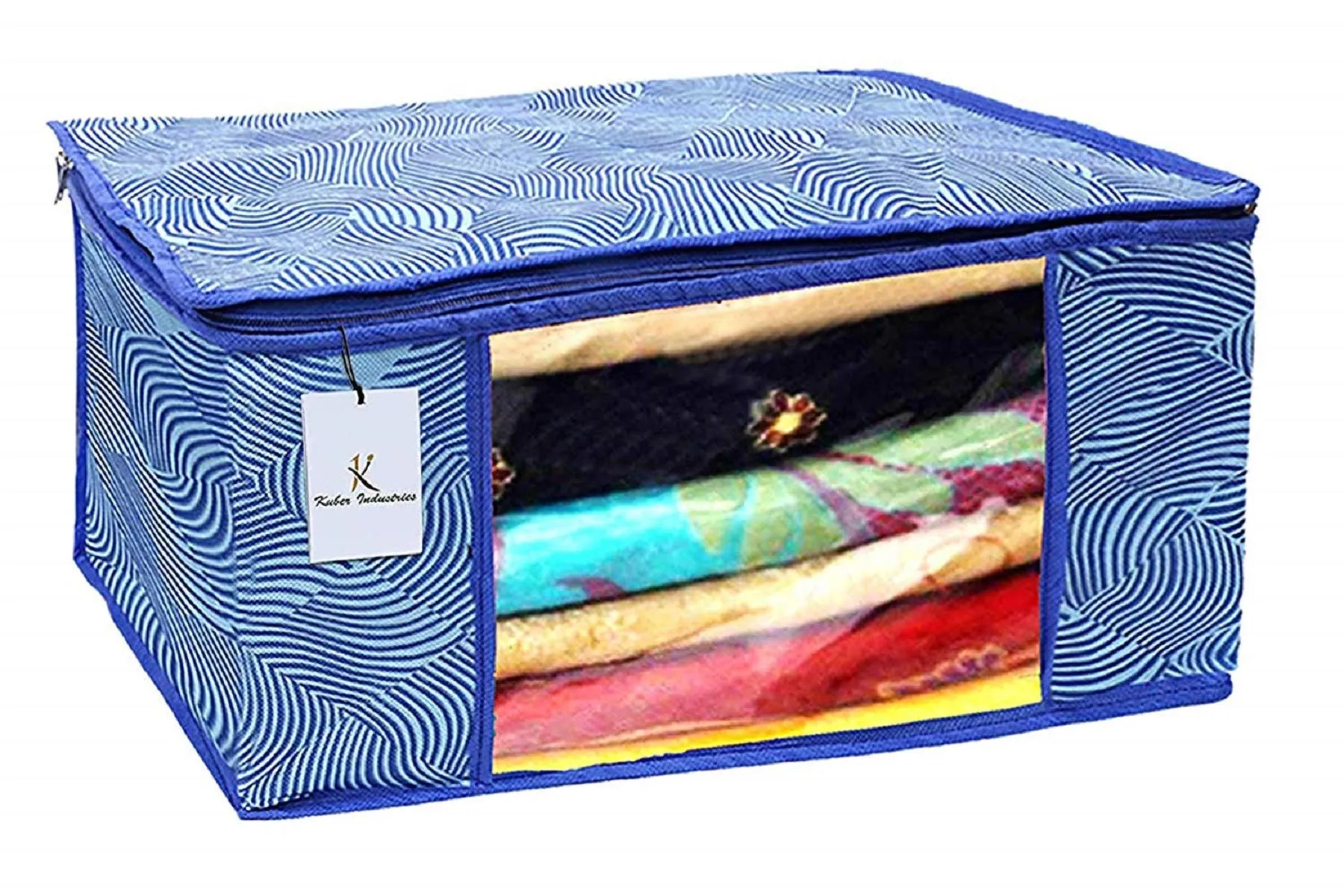 Kuber Industries Leheriya Printed 4 Piece Non Woven Fabric Saree Cover Set with Transparent Window, Extra Large, Orange & Blue -CTKTC40809