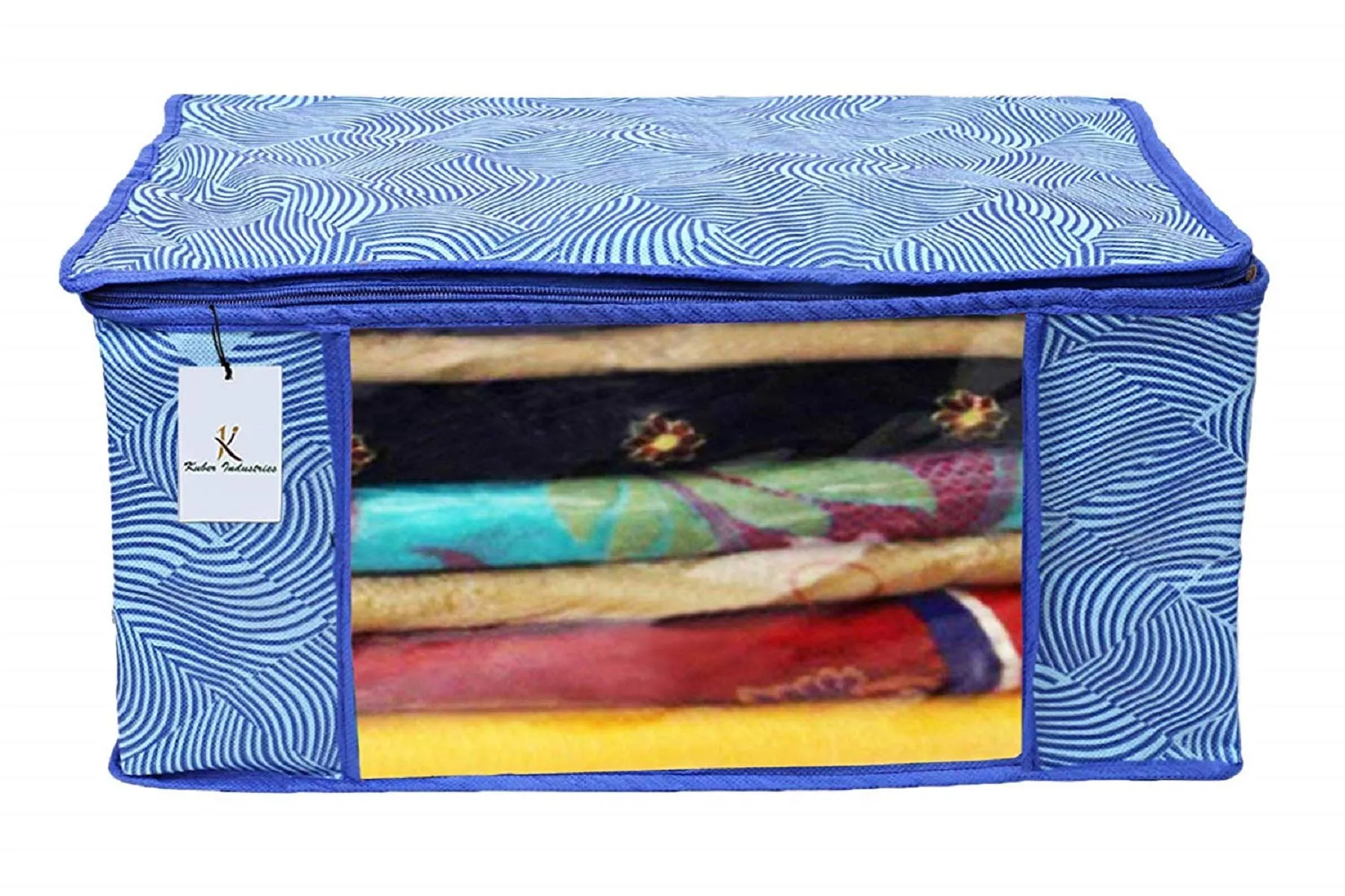 Kuber Industries Leheriya Printed 4 Piece Non Woven Fabric Saree Cover Set with Transparent Window, Extra Large, Orange & Blue -CTKTC40809