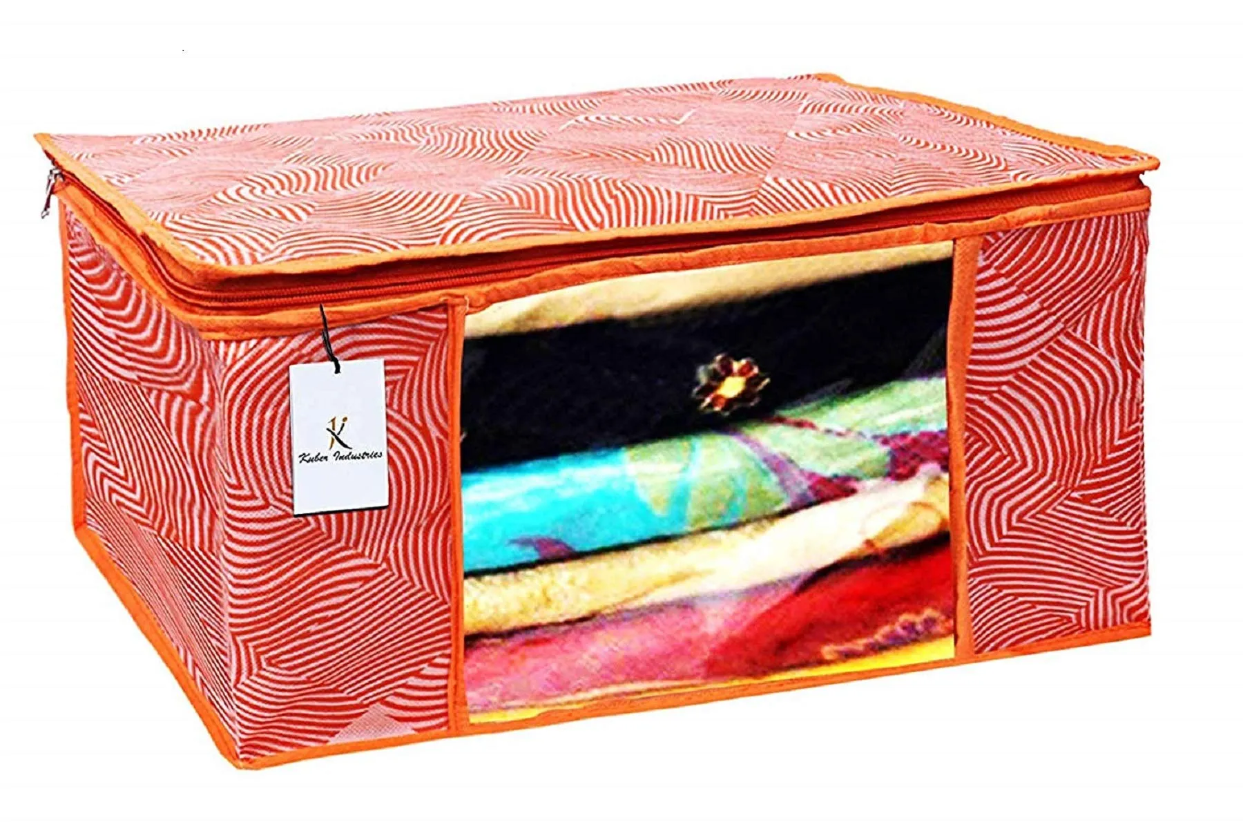 Kuber Industries Leheriya Printed 4 Piece Non Woven Fabric Saree Cover Set with Transparent Window, Extra Large, Orange & Blue -CTKTC40809