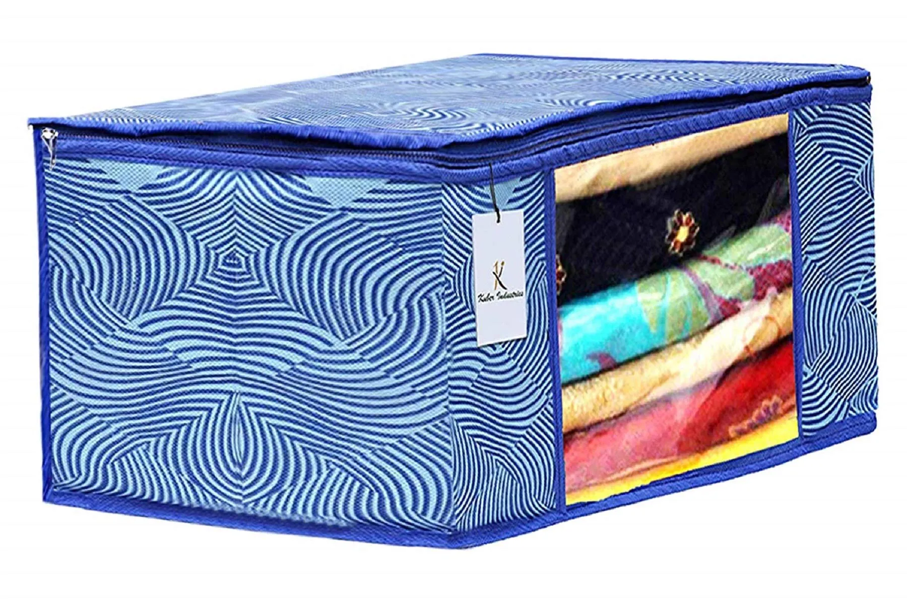 Kuber Industries Leheriya Printed 4 Piece Non Woven Fabric Saree Cover Set with Transparent Window, Extra Large, Orange & Blue -CTKTC40809