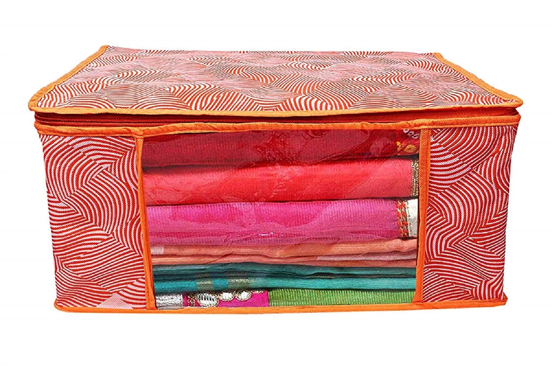 Kuber Industries Leheriya Printed 4 Piece Non Woven Fabric Saree Cover Set with Transparent Window, Extra Large, Orange & Blue -CTKTC40809