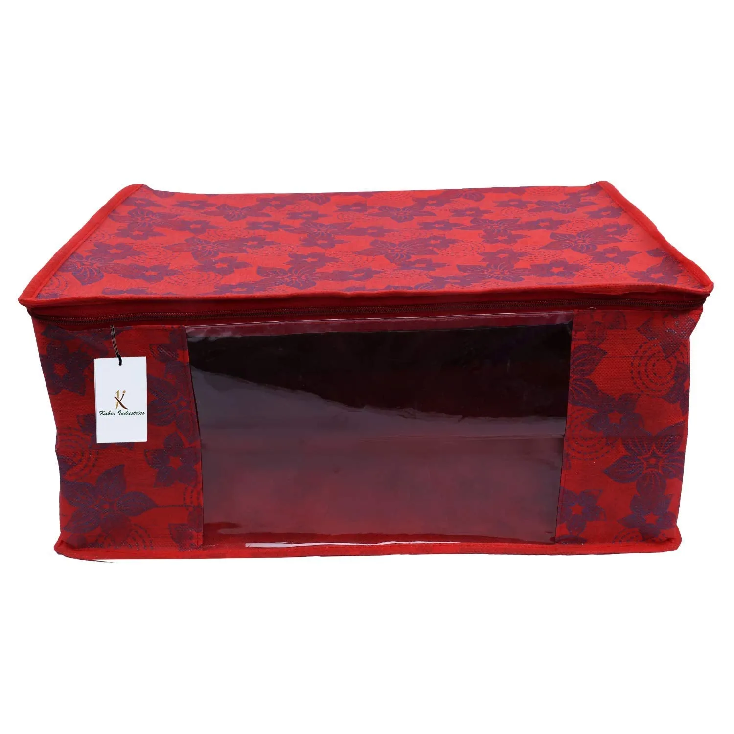 Kuber Industries Metalic Printed 9 Pieces Non Woven Fabric Saree Cover/Clothes Organiser for Wardrobe Set with Transparent Window, Extra Large (Red)-KUBMART2788, Standard