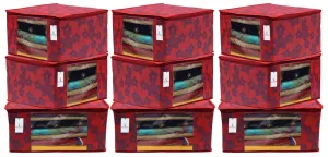 Kuber Industries Metalic Printed 9 Pieces Non Woven Fabric Saree Cover/Clothes Organiser for Wardrobe Set with Transparent Window, Extra Large (Red)-KUBMART2788, Standard